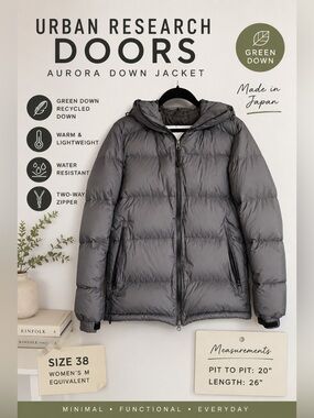 Urban Research DOORS Aurora Green Down Hooded Puffer Jacket Gray Japan Size 38